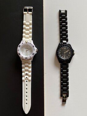 Sophie Quartz Wrist Watches Lot of 2, Black Rhinestone & White Silicone Strap